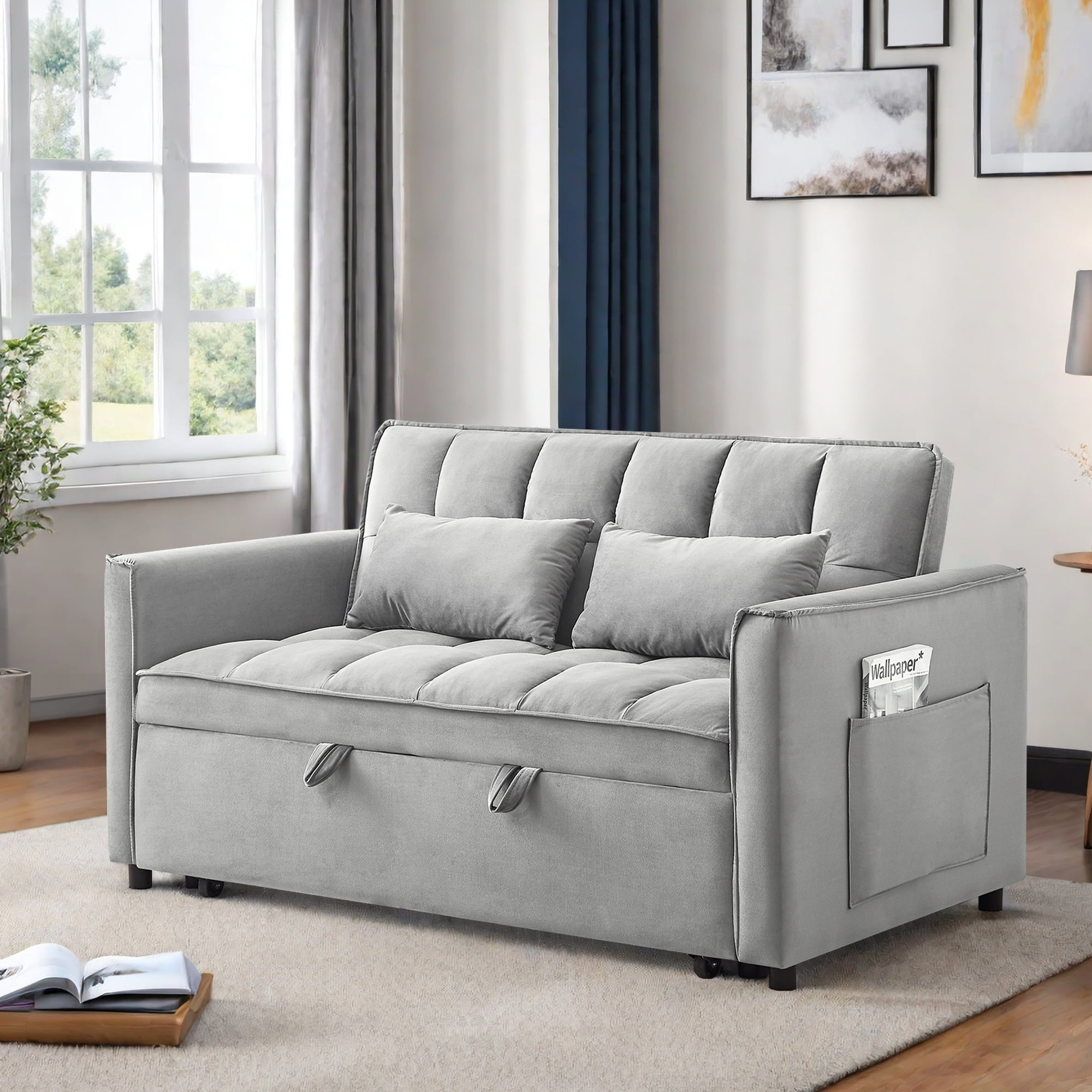 Leumius Convertible Sofa Bed,3 in 1 Sleeper Sofa with Pull Out Bed,Loveseat Couch with Adjustable Backrest for Living Room,Gray