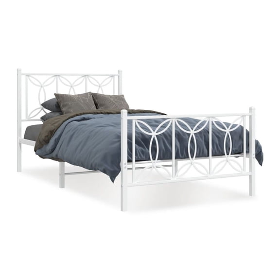 Metal Bed Frame with Footboard, White Full Size (39.4"x78.7"), Sturdy Steel Platform Bed, Modern Bedroom Furniture