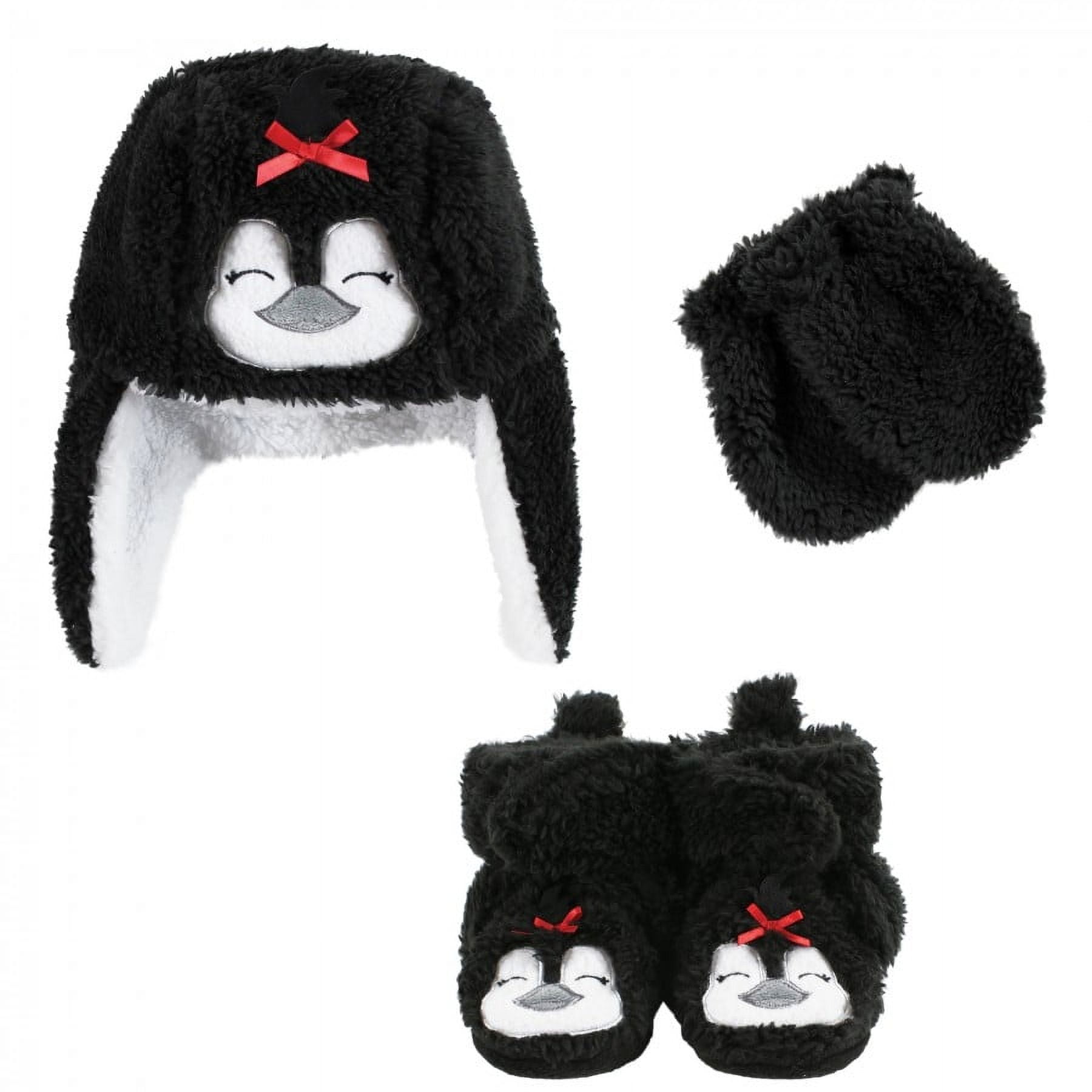 Hudson Baby Infant Girl Trapper Hat, Mitten and Bootie Set, Girl Penguin, 0-6 Months