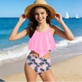 thumbnail image 6 of Girls Two Piece Swimsuit High Waisted Bikini Set Ruffled Halter Top Tropical Palm Leaf Print Pink Nylon Spandex Quick Dry 8-15 Years,Size 7-8T, 6 of 7