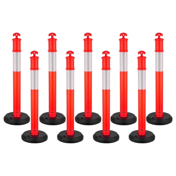VEVOR 9 Pack Traffic Delineator Posts, 44.8 inches Traffic Safety Cones with Fillable Base and Reflective Strips, Heavy Duty Delineator Posts for Construction Site, Parking Lot, Crowd Control, Red