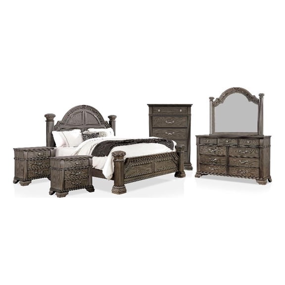 FOA Charo 6pc Gray Wood Bedroom Set-Cal King 2 Nightstands Chest Dresser Mirror