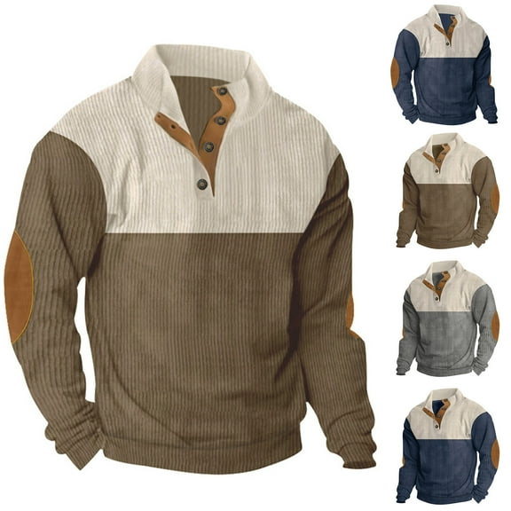 HAPIMO Big Men's Long Sleeve Tops Vintage Slim Corduroy Tees for Men Color Block Western Loose Pullover Aztec Cowboy Sweatshirts Quarter Button Shirts Casual Brown L