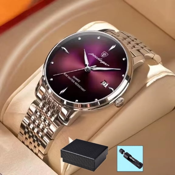 POEDAGAR Mens Watches Quartz Stainless Steel Waterproof Luminous Business Calendar Wrist Watch Black Dial