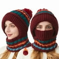 thumbnail image 2 of AHTJRT Women's Balaclava Mask Caps Winter Warm Knitted Fleece Lined Beanie with Pompom Face Neck Protection Windproof Cuffed Skullcaps Wine Free Size, 2 of 5
