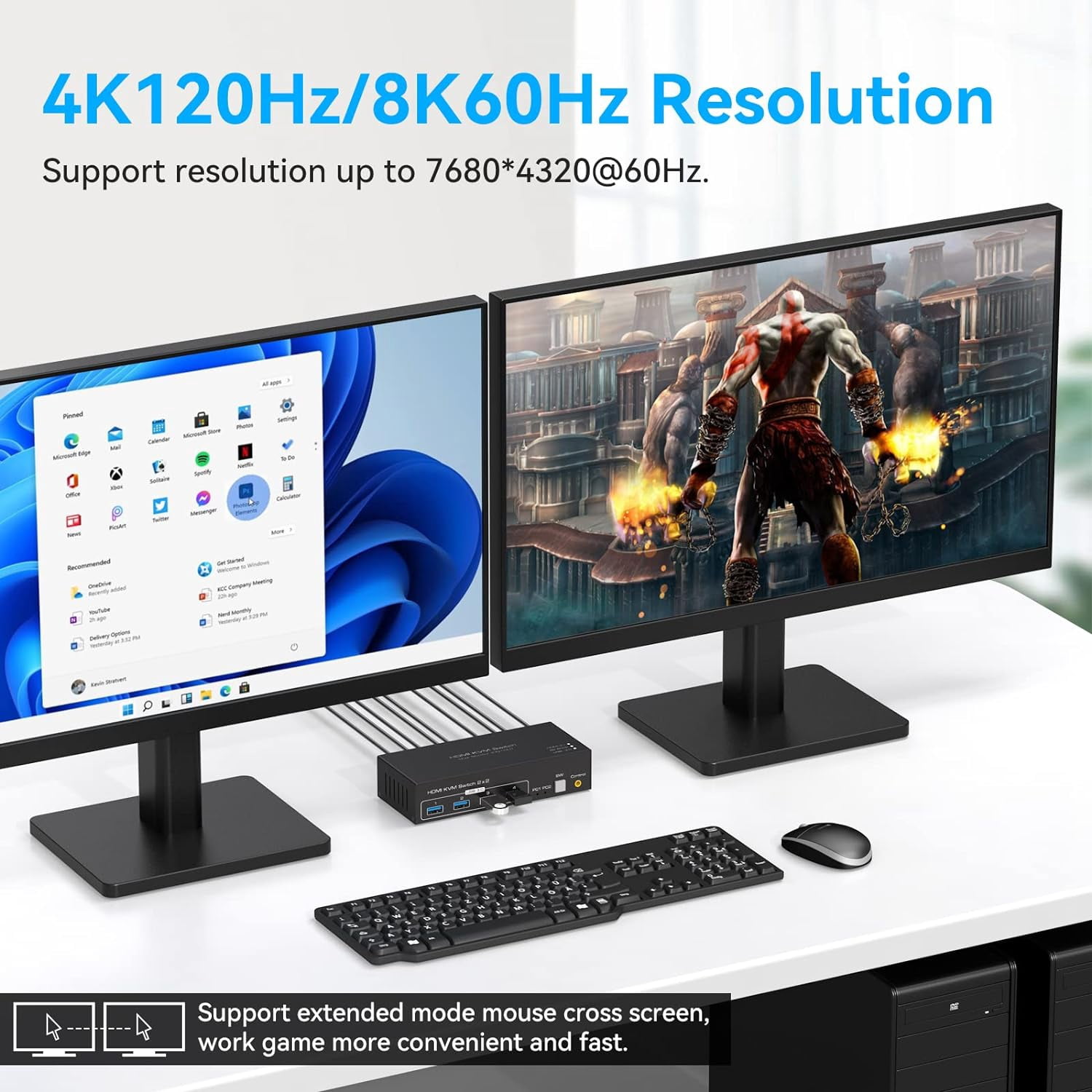 AUBEAMTO 8K KVM Switch HDMI 2 Monitors 2 Computers Support 8K@60Hz 4K@120Hz KVM Switcher PC Display Share 2 Monitors and 4 USB 3.0 Support Copy and Extend Mode Includes Desktop Control and Adapter