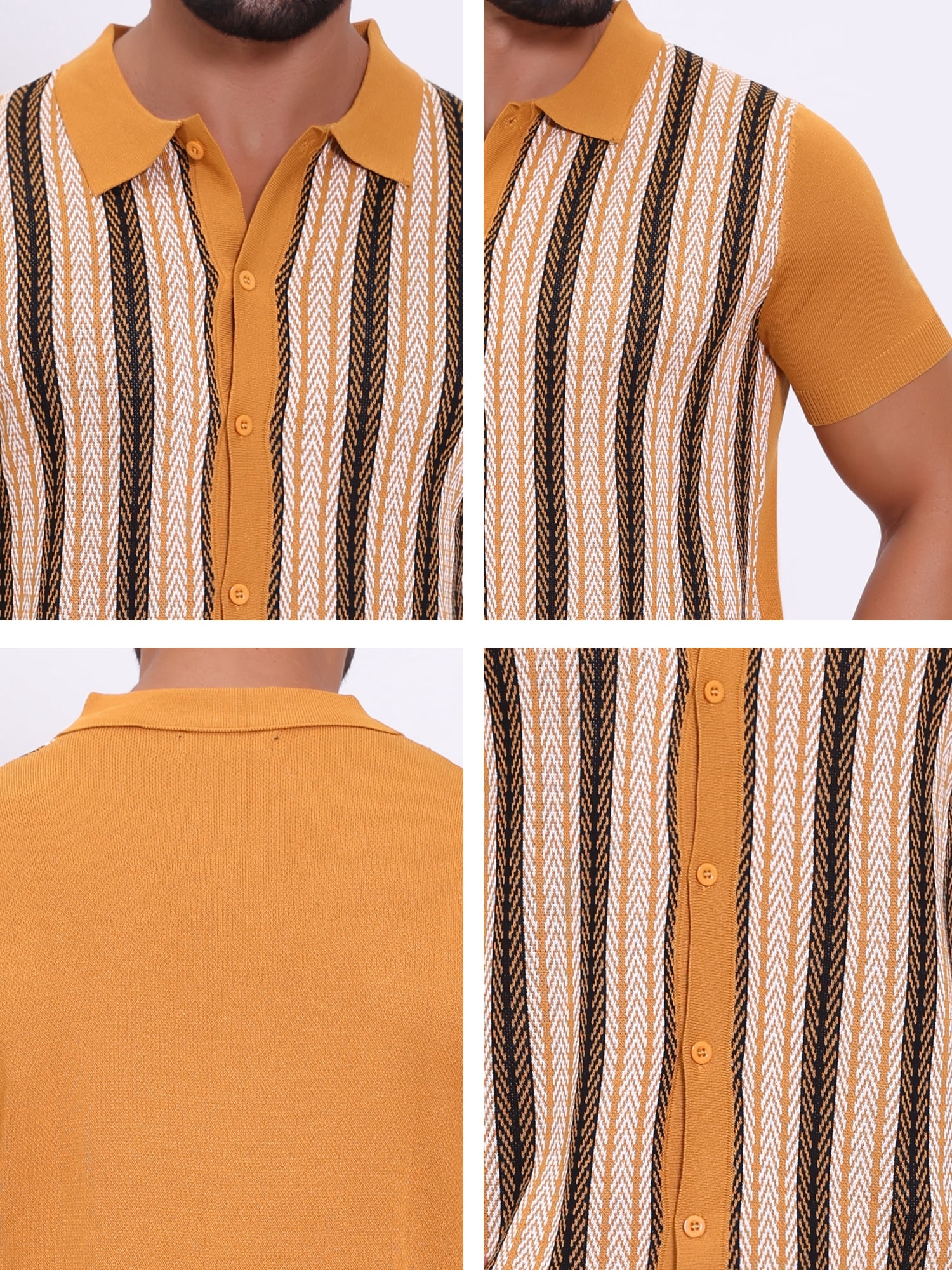 DARING DIVA Men's Striped Short Sleeves Button Down Jacquard Polo Shirts S Dark Yellow