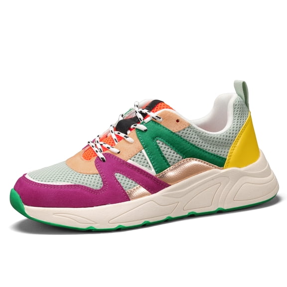 LUCKY STEP Chunky Colorful Sneakers Fashion Walking Tennis Travel Shoes,Fuchsia/Green,Womens