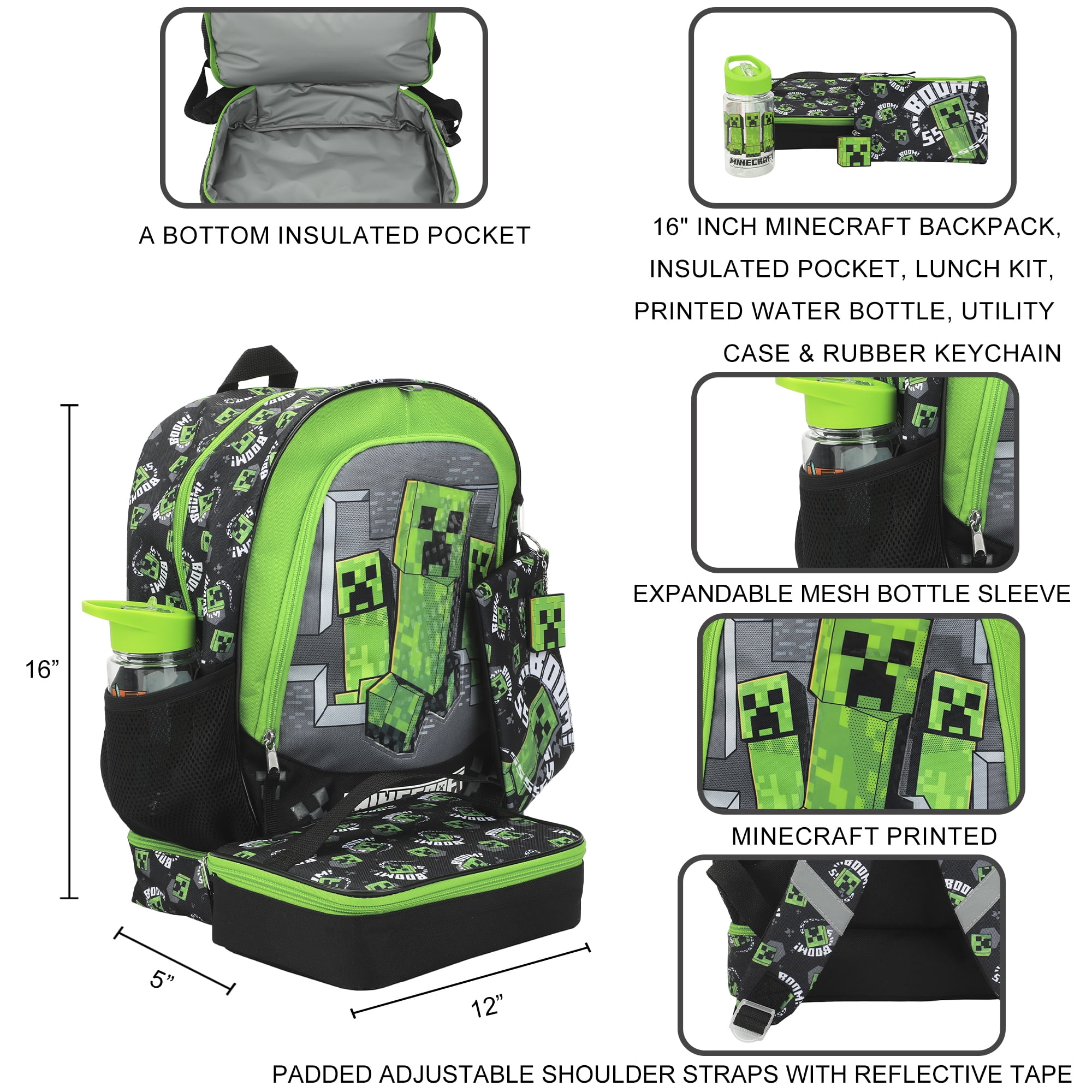 Minecraft Creepers 5-Piece 16" Backpack Set For School & Travel