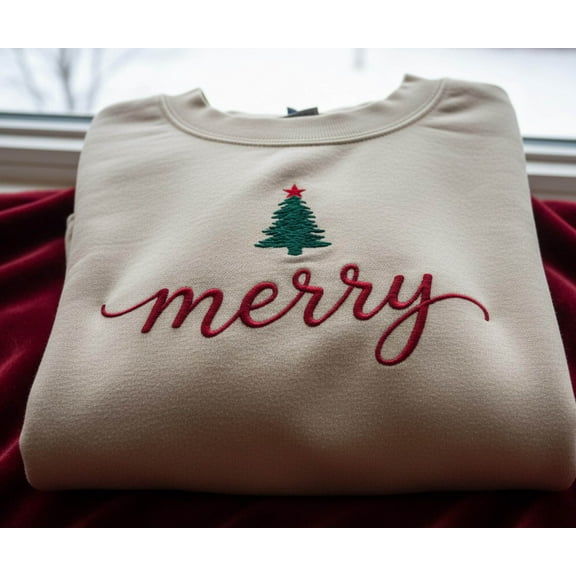 Minimalist Merry Christmas Tree Embroidered Sweatshirt | Simple Festive Holiday Sweater | Cozy Aesthetic Xmas Top for Winter