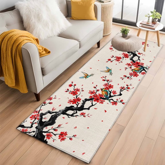 2'x6' Rug Runners for Hallways Kitchen, Red Spring Floral Non Slip Entryway Beside Floor Carpet Runner, Birds Branches Watercolor Flowers Rustic Laundry Room Bedroom Throw Rugs Mat for Family Pet