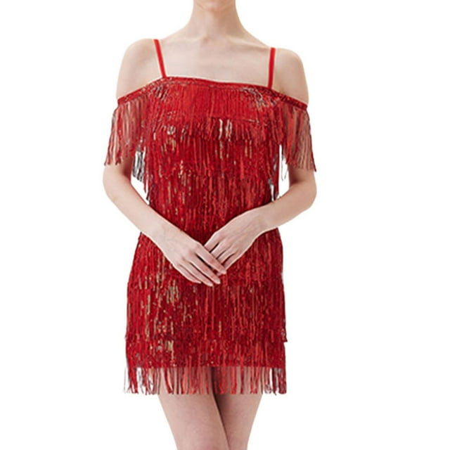 QHFBli Robes de Cocktail Robes Charleston Années 1920 Gatsby avec Franges à Paillettes Partout Robes Mini Robe de Bal de Promo Robe de Fête Rouge TG