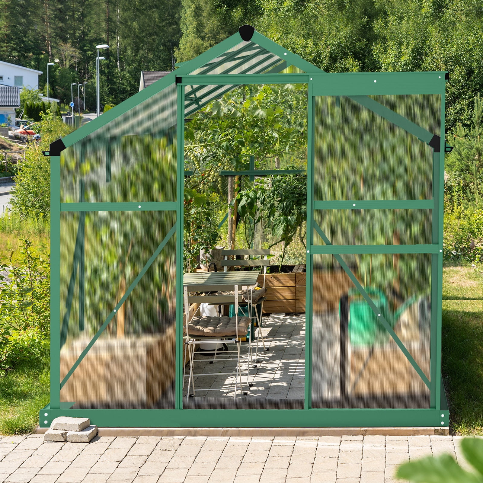 Seizeen 6x10FT Outdoor Greenhouse, Walk-in Green House Polycarbonate, Aluminium Frame Plant House for Gardening, with Adjustable Vent, 8 Supports, 62’’H Sliding Door, Green