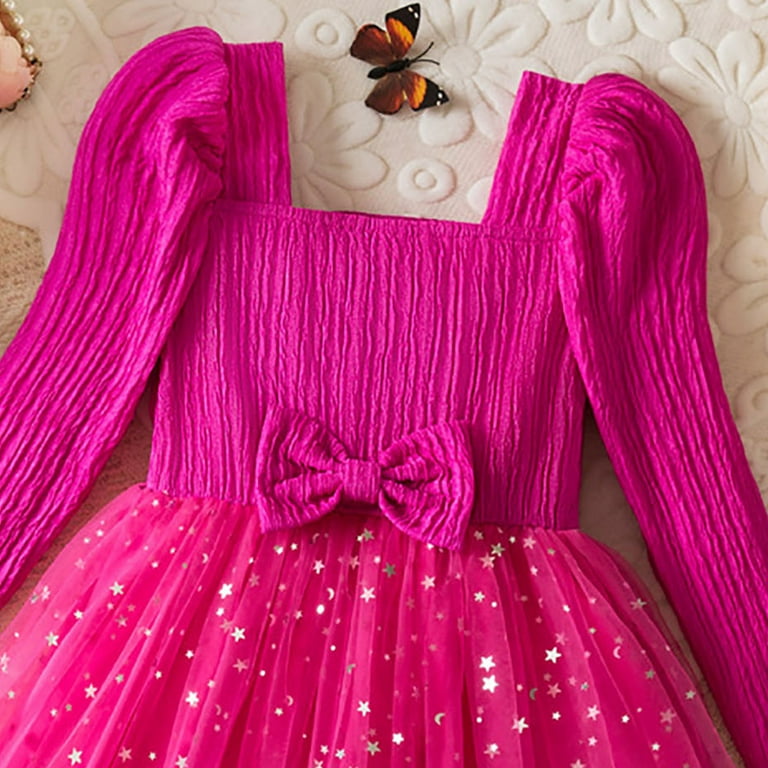 Karoyedx Girls Fall Clothes Toddler Velvet Dress Girls Smocked Square Neck Puff Tutu Long Sleeve Party Dresses Hot Pink Size,5-6 Years