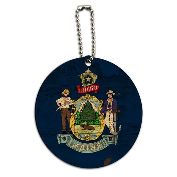 Rustic Maine State Flag Distressed USA Round Wood Luggage Card Suitcase Carry-On ID Tag