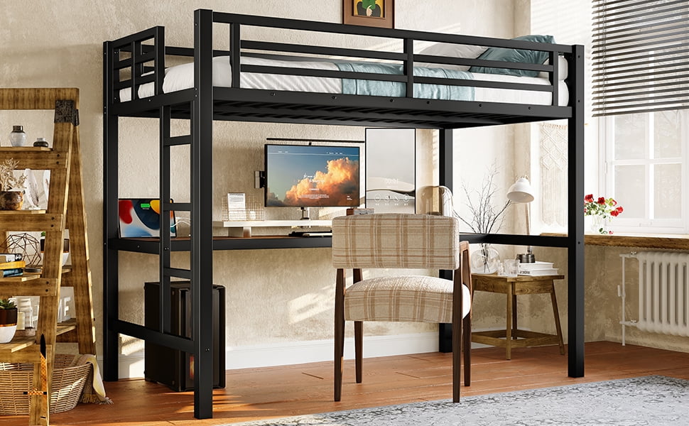 Mintazer Twin Metal Loft Bed with Desk and Charging Station & LED Lights for Bedroom Dorm, Black