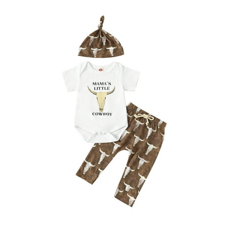 

CenturyX Newborn Baby Boys Summer Outfit Sets Short Sleeve Tops Romper Cattle Head Pants Hat Clothes