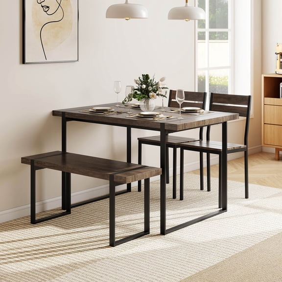 Costway 47” Dining Table Set for 4, Wooden Kitchen Table with 2 Chairs & Bench, Metal Frame