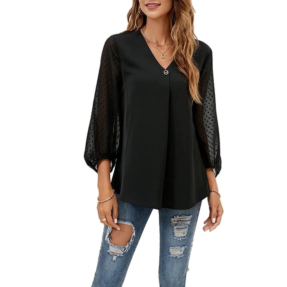 hirigin Women's Spring Autumn Jacquard Shirt 3/4 Sleeve V Neck Patchwork Chiffon Blouses