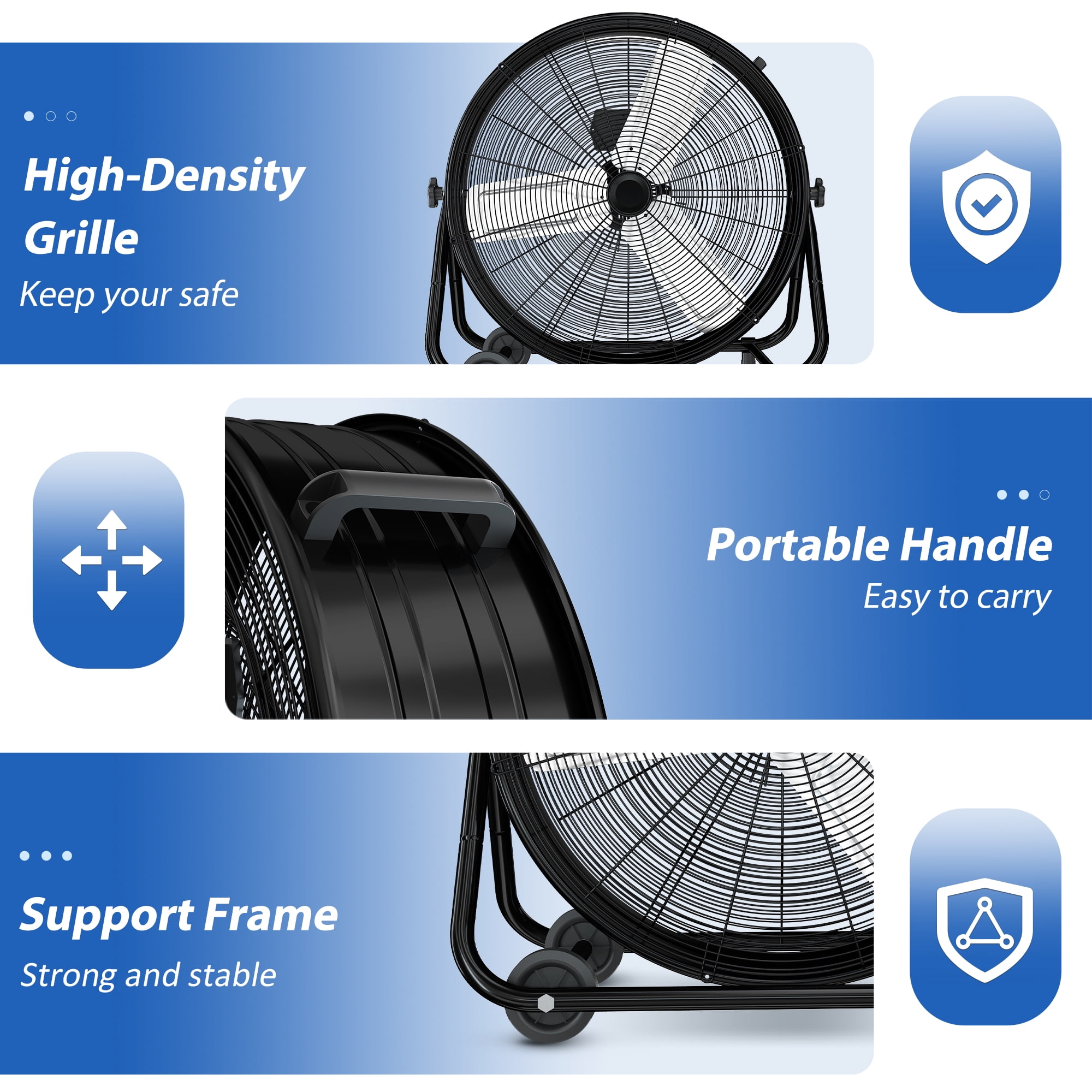 LifePlus 24 Inch Industrial Drum Fan, 5620 CFM High Velocity Floor Fan, 3-Speed Heavy Duty Air Circulator, Black Commercial Fan for Warehouse, Workshop, and Garage Cooling
