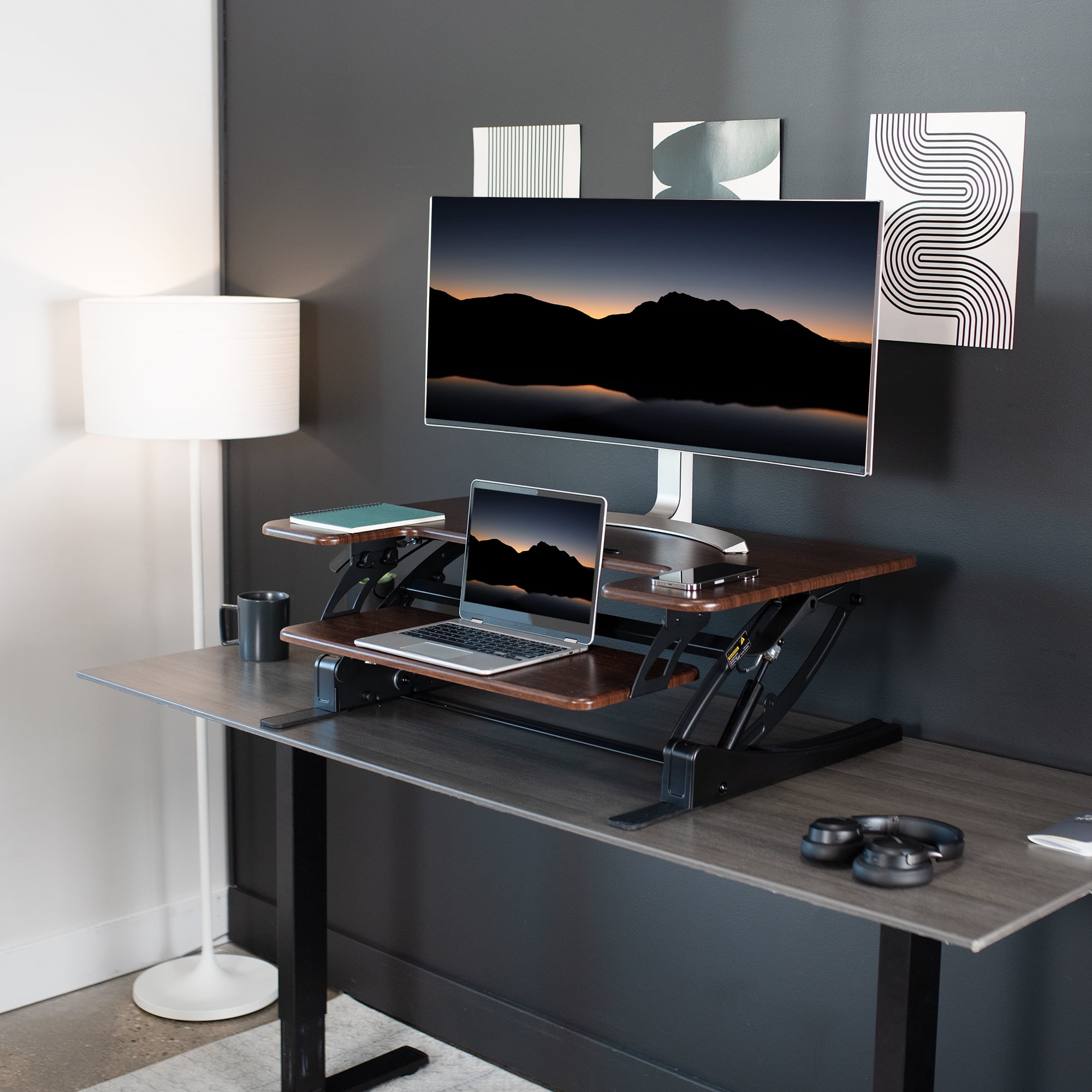 VIVO Dark Wood Height Adjustable Standing Desk Monitor Riser Tabletop Sit Stand