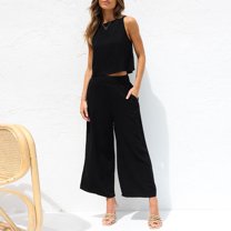 Riforla Women Cotton Linen Casual Sleeveless Buttoned Vest Double Pockets Wide Leg Cropped Pants Set Two Piece Sets for Women Black XL