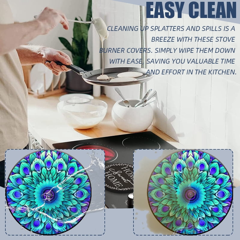 4 Pieces Wine Round Stove Burner Covers Set, Floral Peacock Feather Mandala Design Gas Stove Burner Covers Expands Usable Space for kitchen, 2 Pieces 8 Inches and 2 Pieces 10 Inches