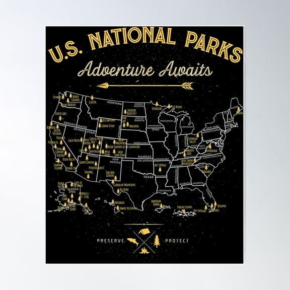 Us National Parks Map Camping And Hiking Poster Wall Art, Modern Wall Decor For Living Room Bedroom, 8x12 UNFRAMED