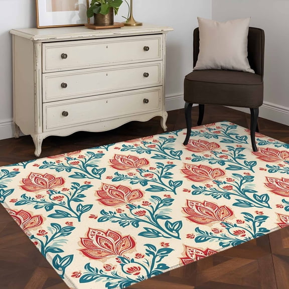 3'x5' Area Rugs, Teal Red Botanical Indoor Outdoor Area Rug for Living Room Bedroom, Vintage Watercolor Flower Plant Washable Bathroom Rugs Kitchen Floor Carpet Mats Home Decor Aesthetic