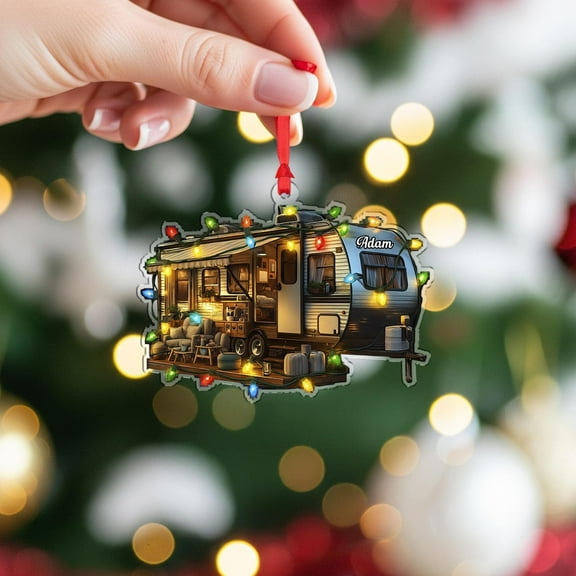 Personalized RV Camper Acrylic Christmas Ornament with Lights Custom Name Travel Trailer Holiday Tree Decor, Camper/Road-Trip Home Keepsake