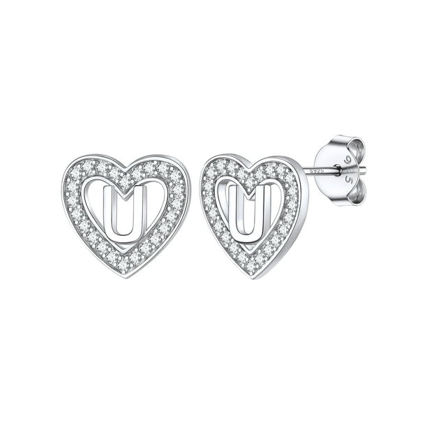 Pendientes de Corazón de Plata Esterlina Silvora con Letra U Joyería Hipoalergénica