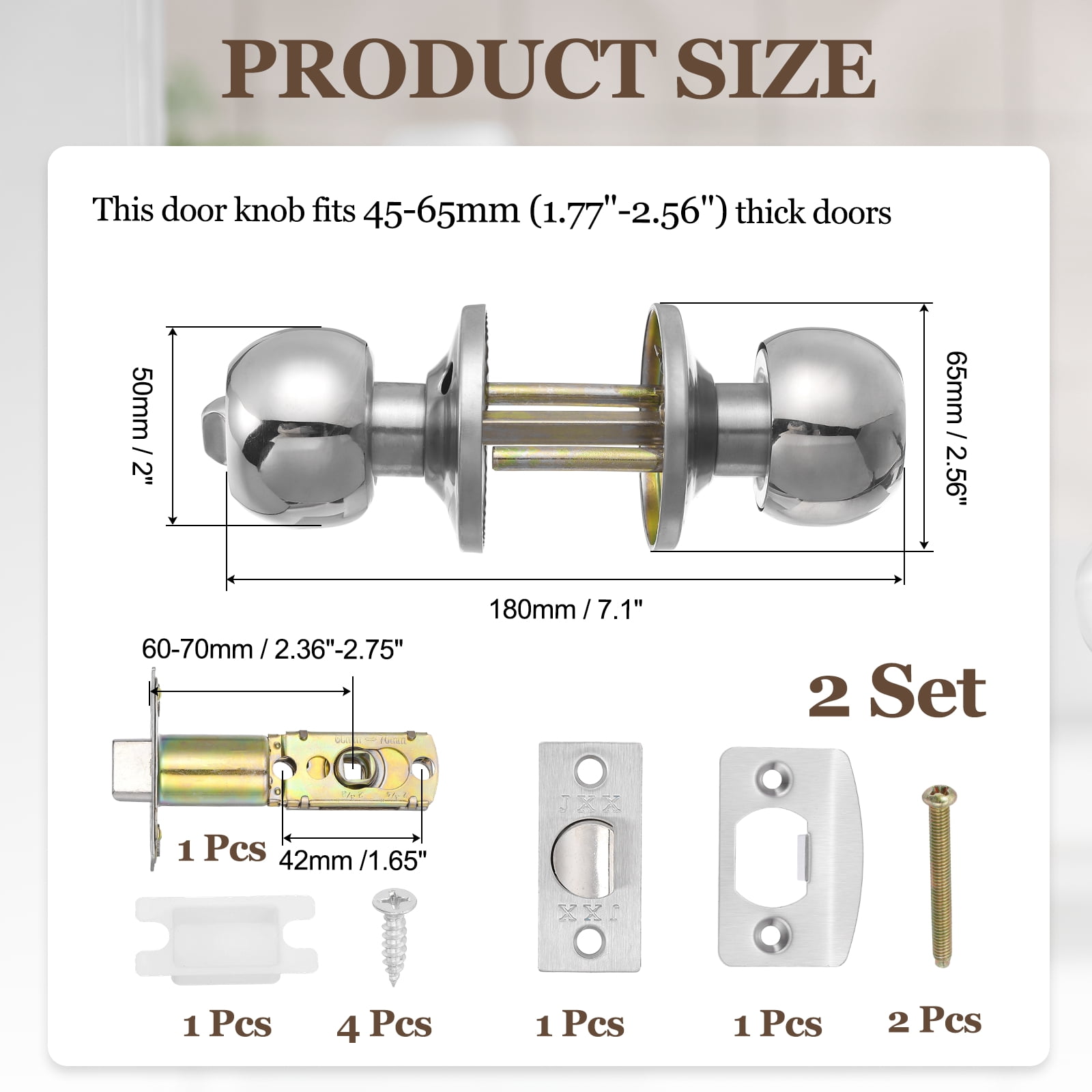 2 Pack Privacy Door Knob, Round Interior Door Handles Keyless Turn Lock Doorknob with Screws Fits 1.77"-2.56" Thickness for Bedroom, Bathroom Closets, Silver Tone