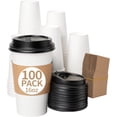thumbnail image 1 of SHENMO 100 SETS 16oz Paper Coffee Cups with Lids White Disposable Coffee Cups with Black Dome Lids and Kraft Sleeves NEW IMPROVED, 1 of 8