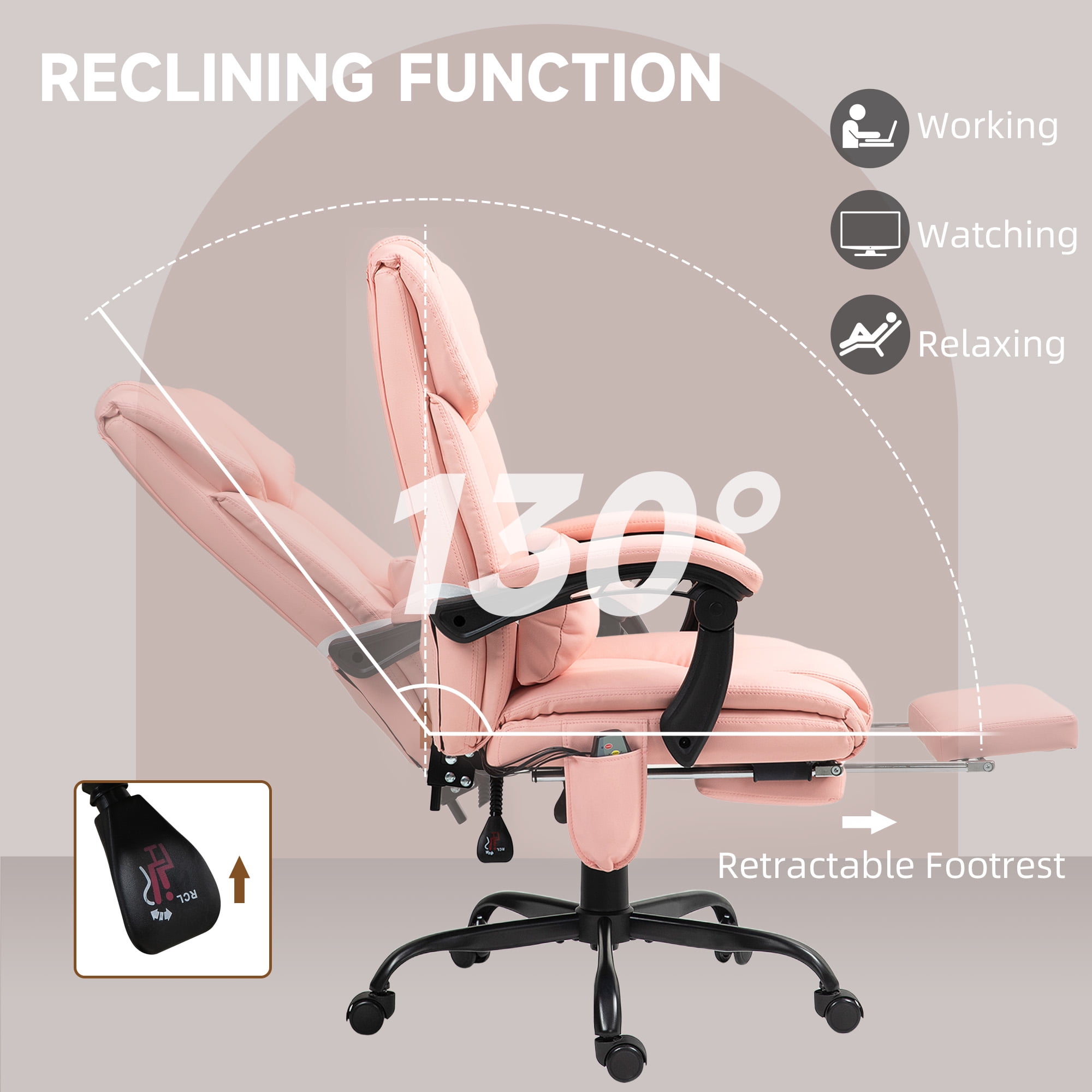 Vinsetto High Back Vibration Massage Office Chair with 6 Points, Height Adjustable Reclining Office Chair with Retractable Footrest and Remote, Pink