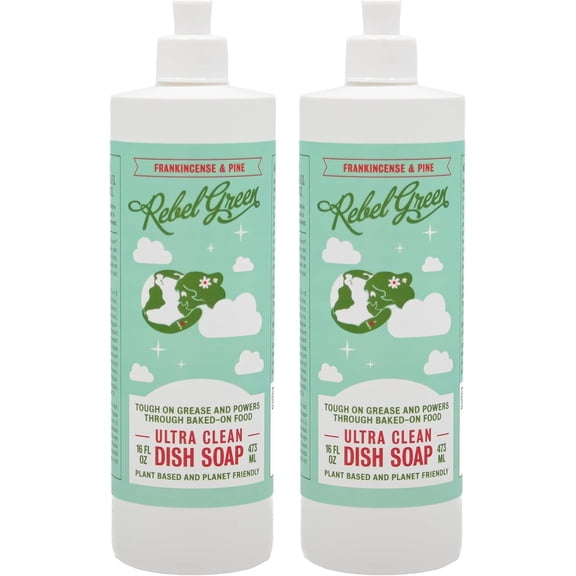 Rebel Green Super Deluxe Dish Soap - Natural Dishwashing Soap - Liquid Dish Detergent - Sustainable Dish Liquid Scented with Frankincense & Pine - (16oz 2-Pack)