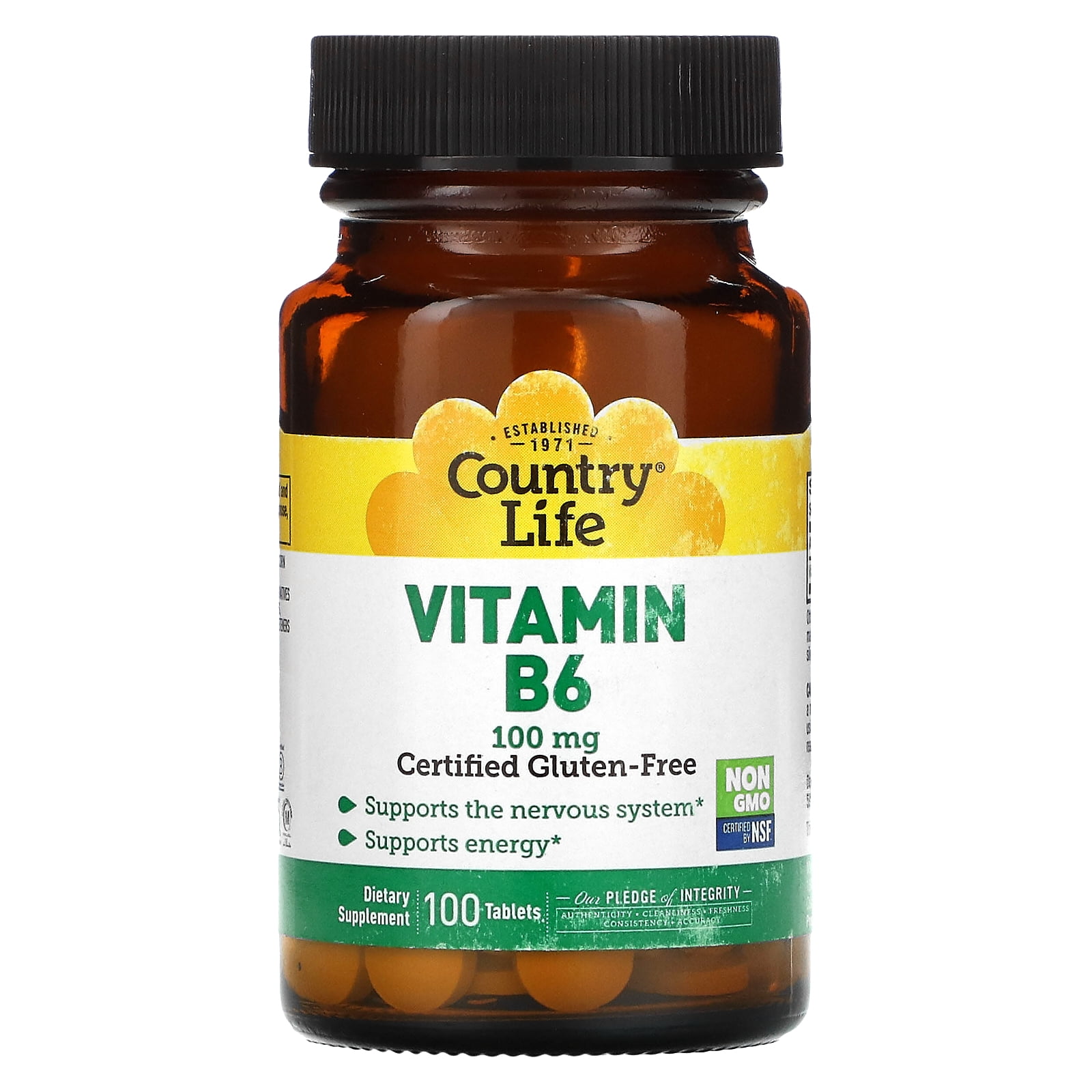 Country Life Vitamin B-6, Supports Energy and The Nervous System, 100mg, 100 Vegan Capsules, Certified Gluten Free, Vegan, Halal, Non-GMO Verified