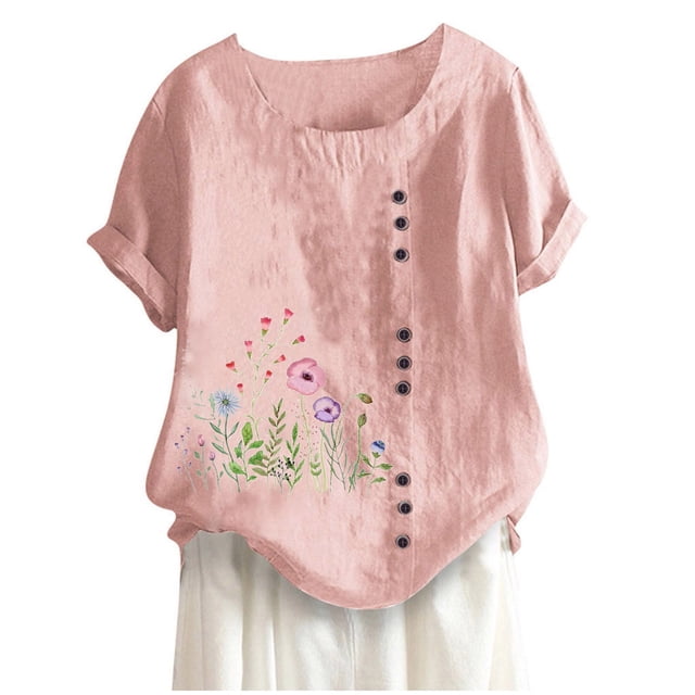 Camiseta Casual de Manga Corta con Botón de Cuello Redondo de las Mujeres, Tops Cortos para las Mujeres