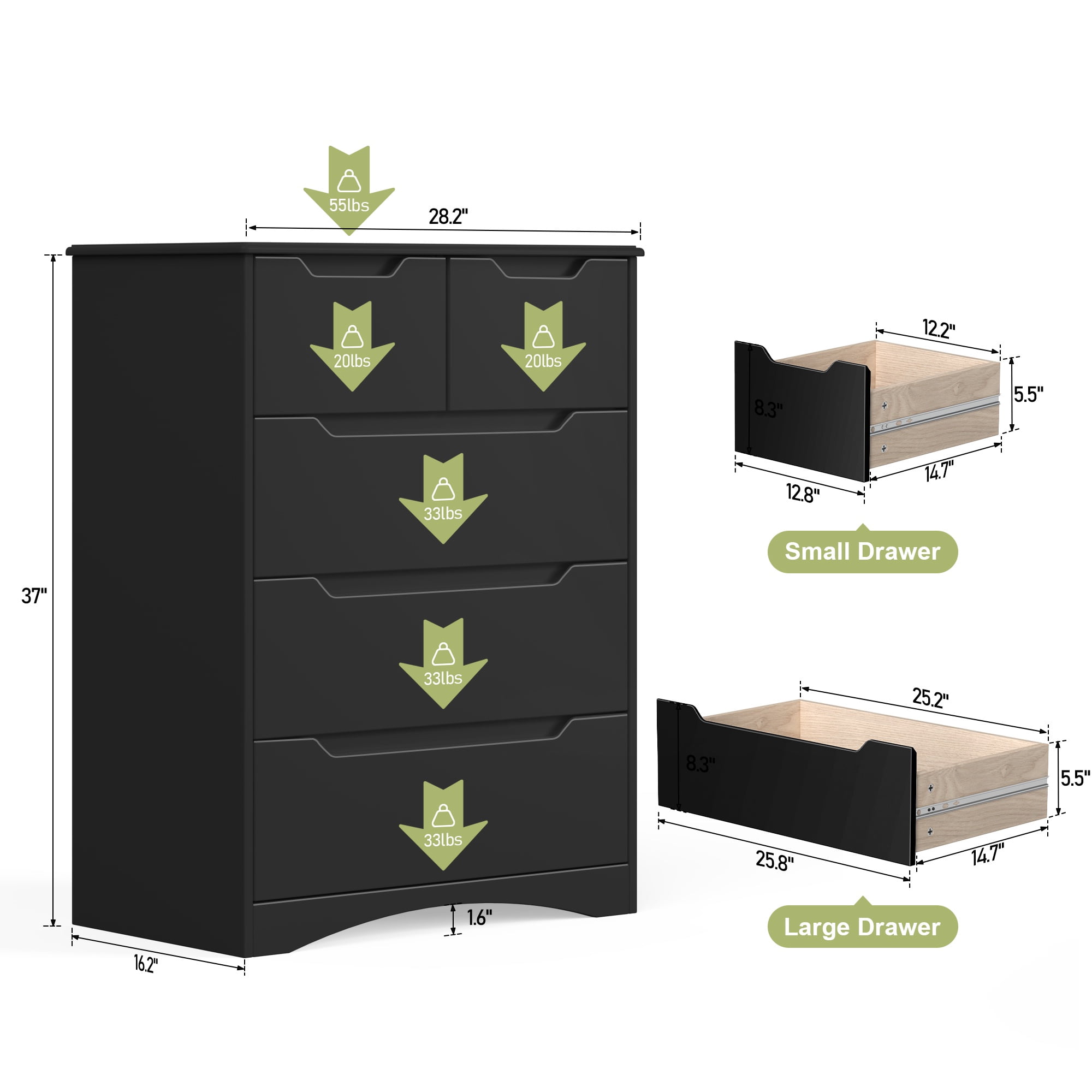 5 Drawers Dresser ,Wooden Storage Cabinet with Cutout Handles for Living Room|Hallway|Entryway|Guest Room,Black