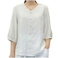 thumbnail image 3 of Dazajoo Floral Embroidered Tops Women Cotton Linen Shirts 3/4 Sleeve Ethnic Style Peasant Tee V Neck Button Tunics,White,XXXL, 3 of 4