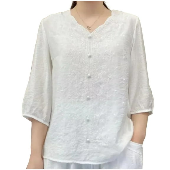 JGGSPWM Womens Linen Button Short Sleeve Summer Boho Top Loose Crew Neck Casual Vintage Embroidered Shirts Blouse White 2XL