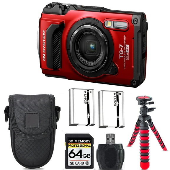 Olympus OM SYSTEM Tough TG-7 Digital Camera (Red) Extra Battery Tripod Case -64GB Kit (International Version)