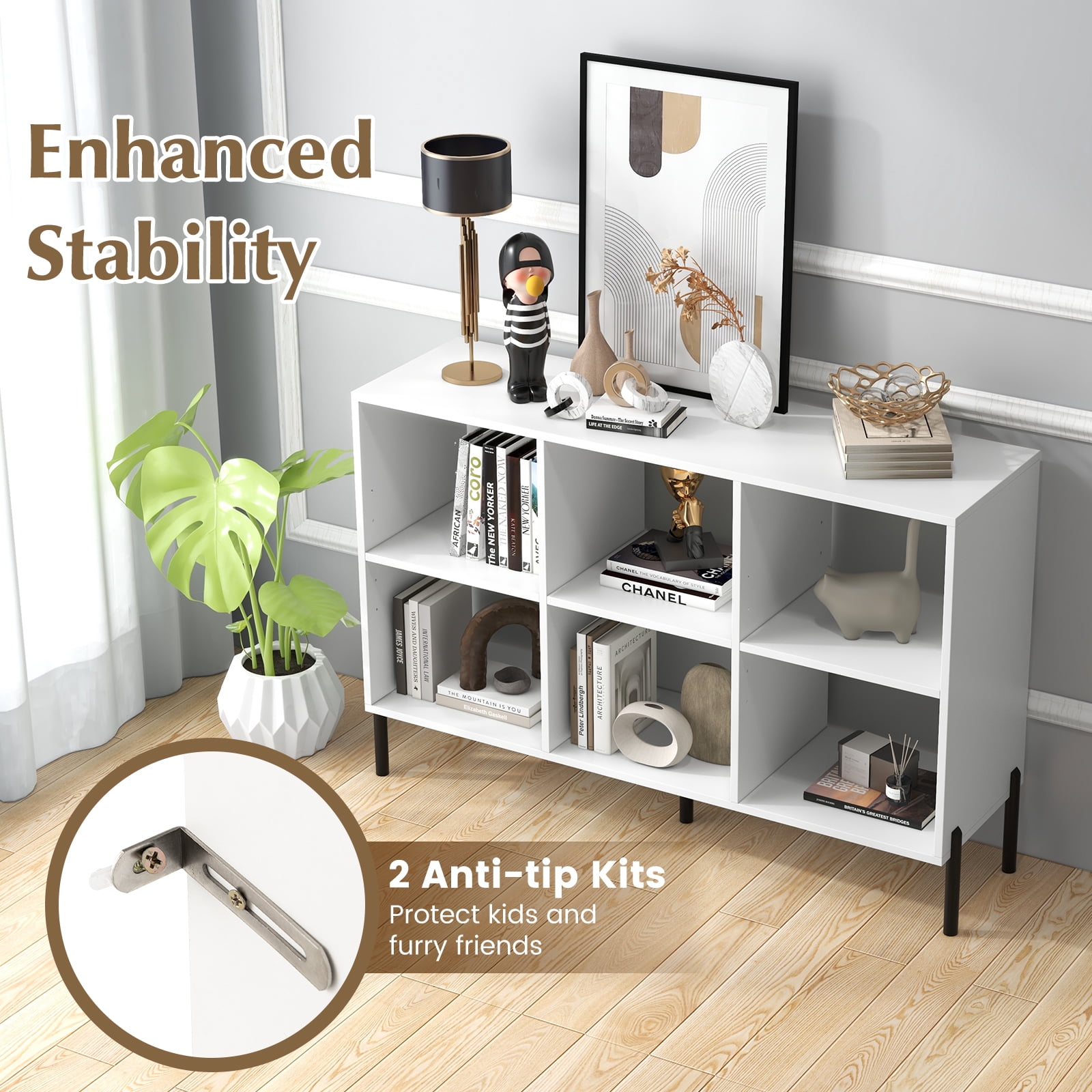 Giantex 6 Cube Storage Organizer Bookshelf, Wood Open Bookcase w/Metal Legs, Adjustable Display Shelf, White