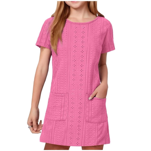 Robe à Manches Courtes pour Filles, Double Poche, Couleur Unie, Col Rond, Tenue Décontractée Quotidienne pour Fête, Noir Taille 120