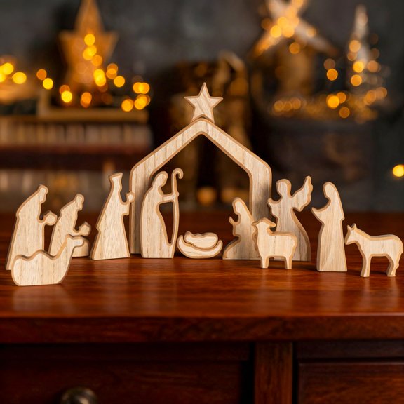 Nativity Scene Set,13Pcs Christmas Wooden Nativity Scene Set 13 Miniature Holy Family Figurines Tabletop Holiday Decor