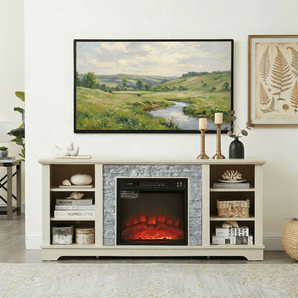 Eyisean 58" W Wooden Entertainment Center with Fireplace, Faux Stacked Stone Surround, TV Stand with 18'' Electric Fireplace, TV Console Table for Living Room