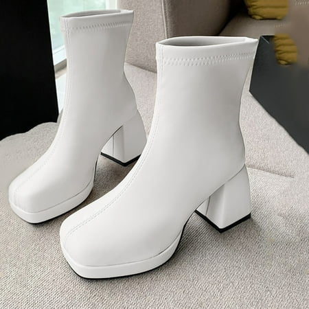 

Women Shoes Women Ankle Boots Autumn And Winter Fashion Comfortable Solid Color Simple Square Toe Square Heel Slip On Beige 8