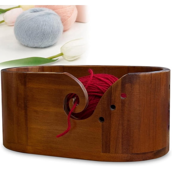 Wooden Yarn Bowl – Crochet Yarn Holder with Holes, Handmade Knitting Bowl to Prevent Yarn Slipping, Yarn Storage Crochet Bowl, Gift for Crocheters and Knitters (10.5x5.5x4.5inch)