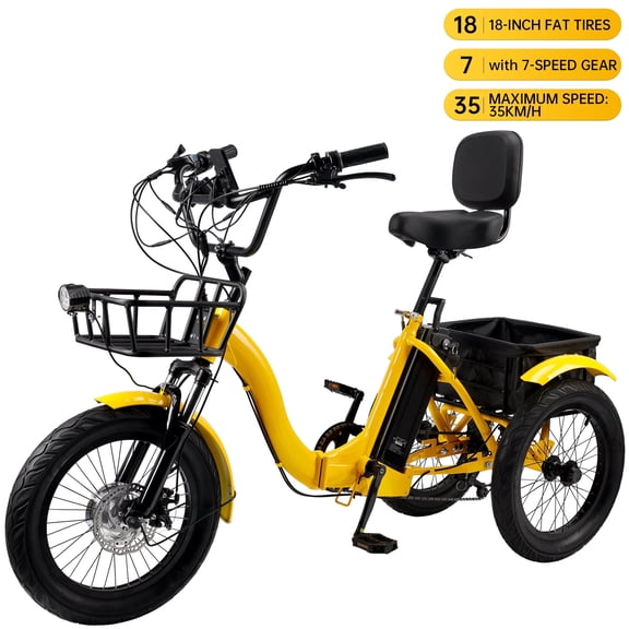 Electric Tricycle for Adults, 18-inch Fat Tire Electric Trike, 3 Wheel Folding Electric Tricycle, 22MPH 27Miles Long Range 7 Speed Ebike, Yellow