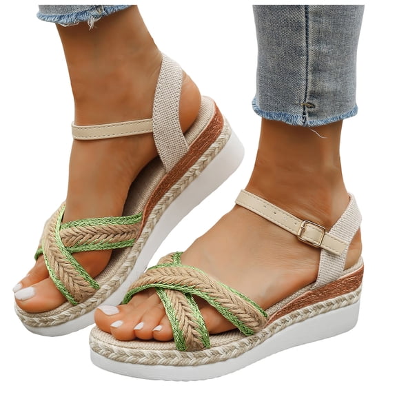 Espadrilles for Women Straw Braided Strappy Wedge Sandals Casual Summer Beach Shoes Open Toe Ankle Strap Platform Wedges Green Size 9