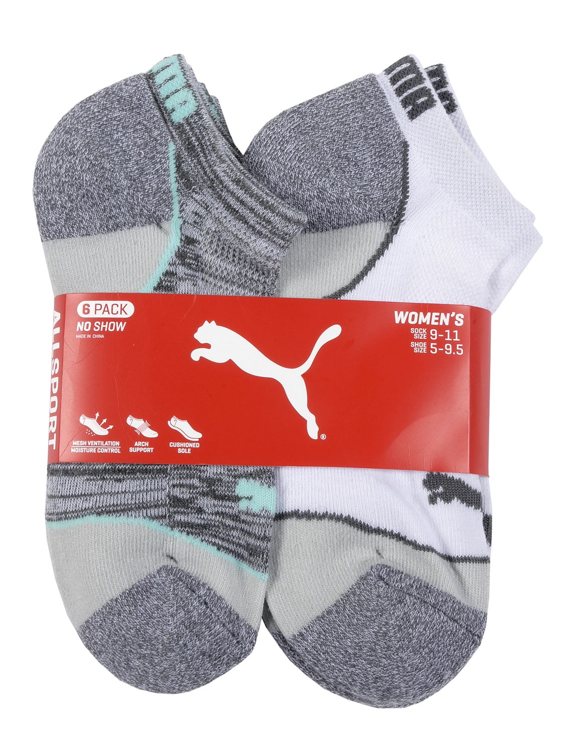 PUMA PUMA Womens All Sport No Show Cushioned Socks White and Grey 9